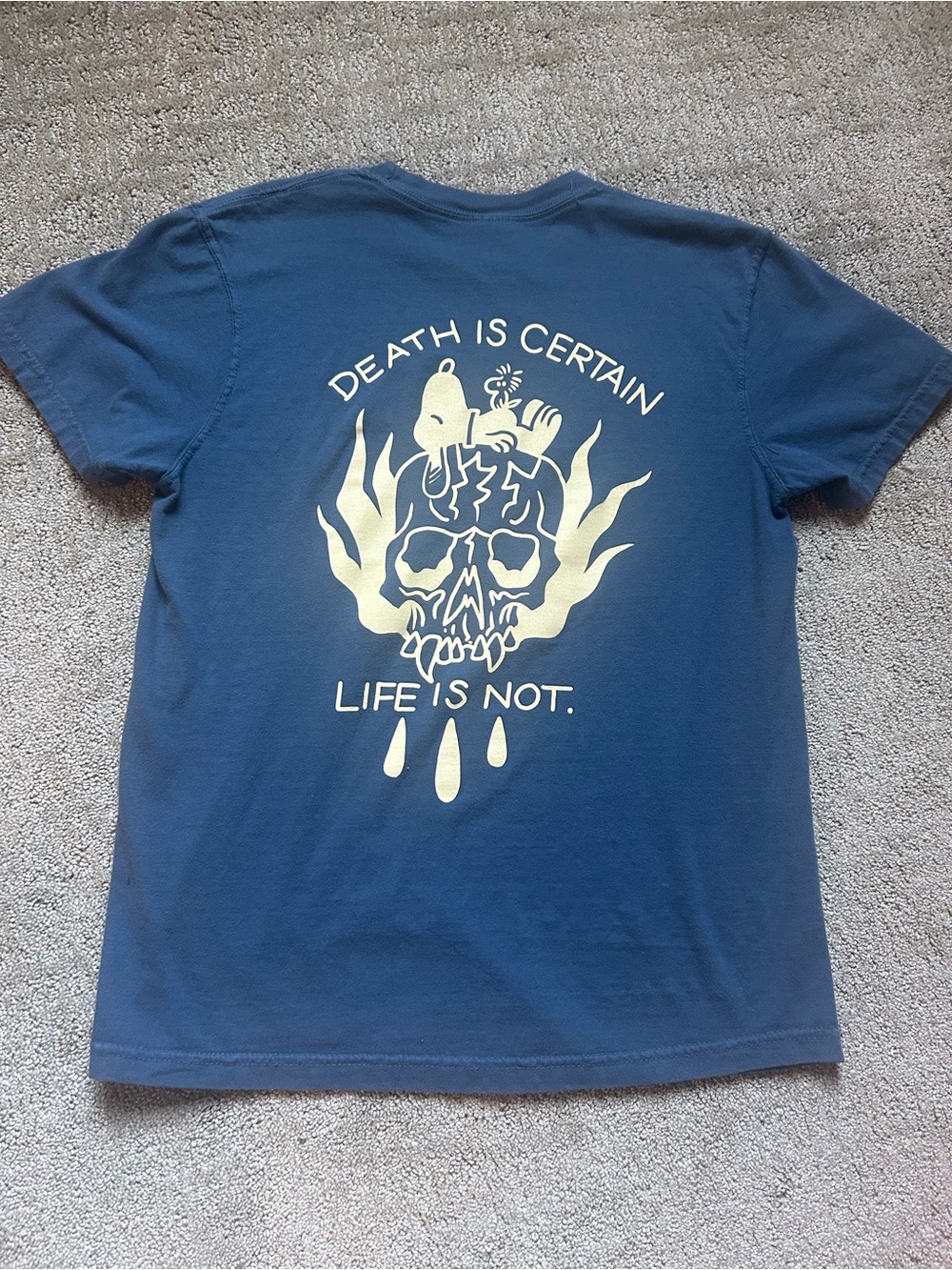 Local Tattoo Artist Design Graphic Tee - Blue "Death Is Certain" Skull Design